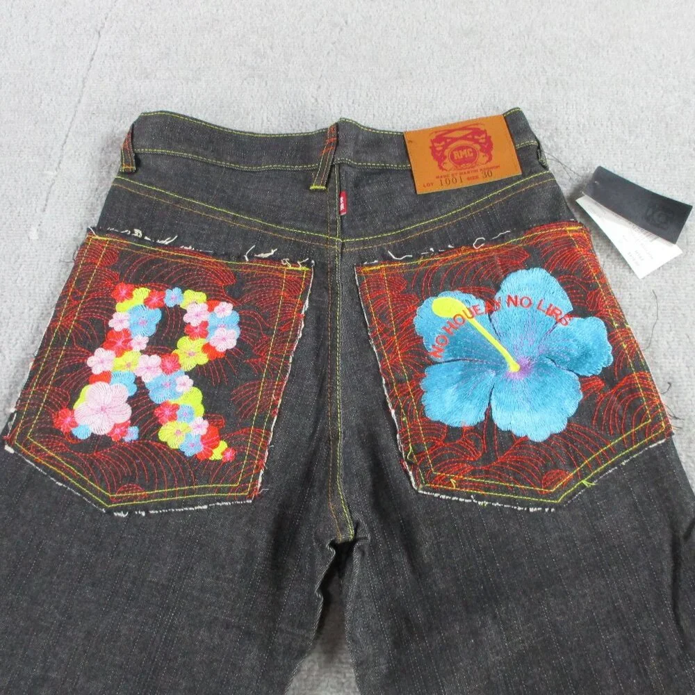 RMC Wave Jeans Mens 30 Tall 35" Inseam Black Embroidered Logo Flower Red Monkey - Picture 1 of 13